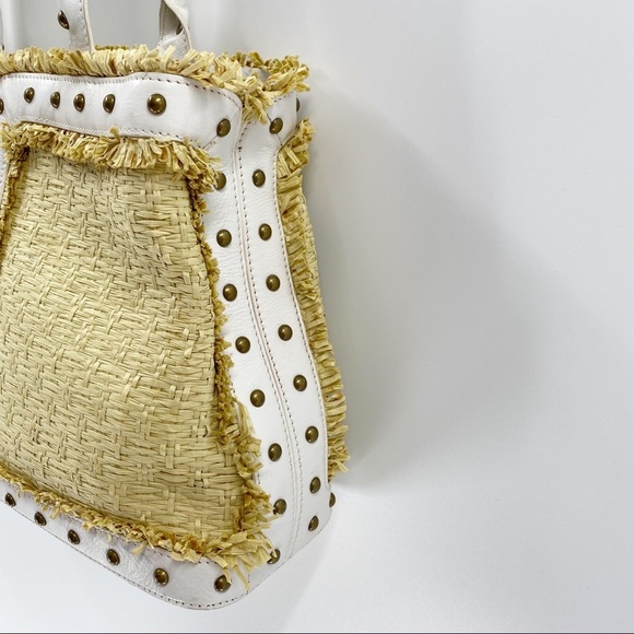 BCBGIRLS White Vegan Leather Straw Studded Tote - Picture 6 of 14